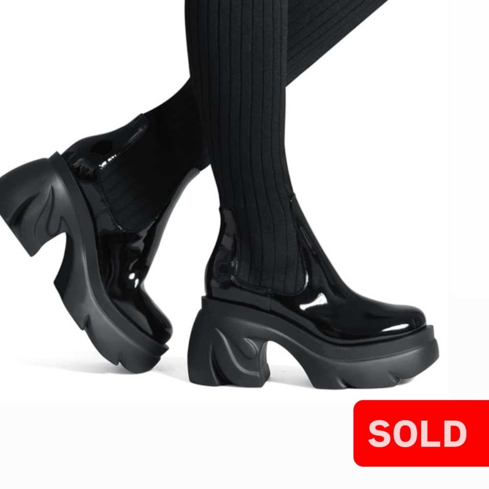 SOLD - Black Stretchy Ribbed Over The Knee Patent Shiny Platform Boots
